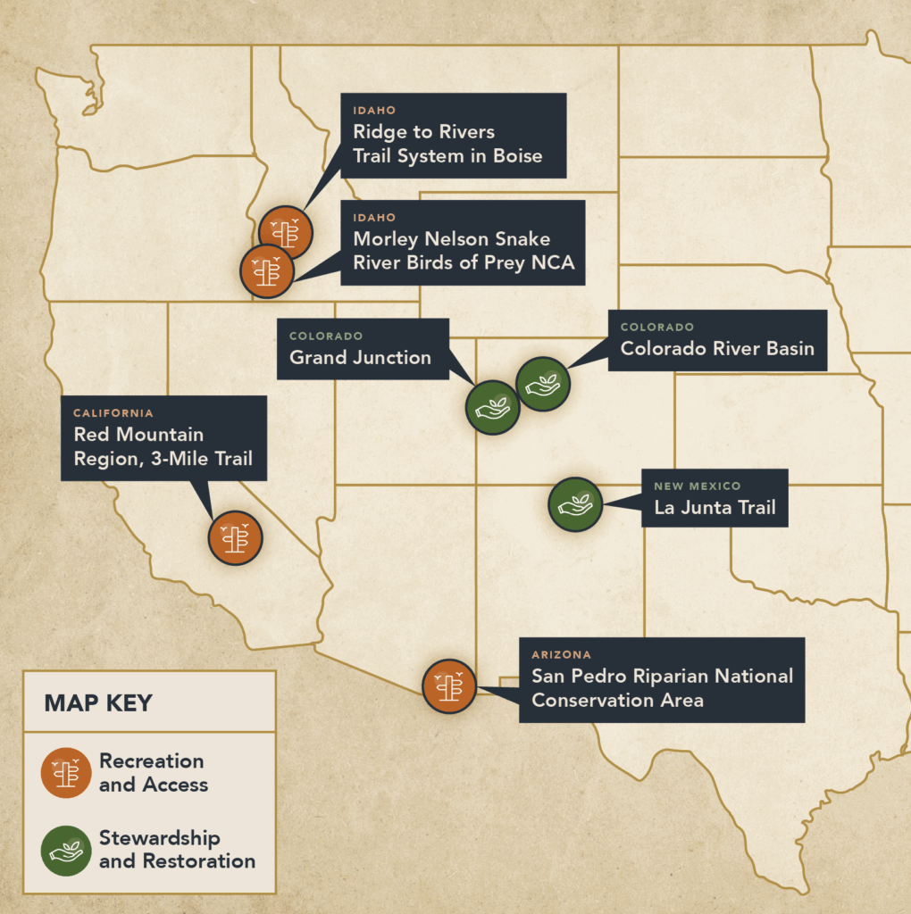 “Map of the western United States highlighting seven projects. Recreation and Access sites include California’s Red Mountain Region 3-Mile Trail, Idaho’s Ridge to Rivers Trail System in Boise, Idaho’s Morley Nelson Snake River Birds of Prey NCA, and Arizona’s San Pedro Riparian National Conservation Area. Stewardship and Restoration sites include Colorado’s Grand Junction, Colorado River Basin, and New Mexico’s La Junta Trail.